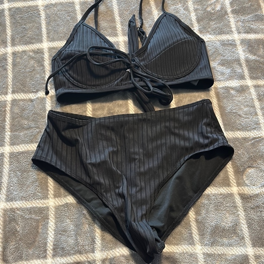 Zaful Black Ribbed Bikini Set
